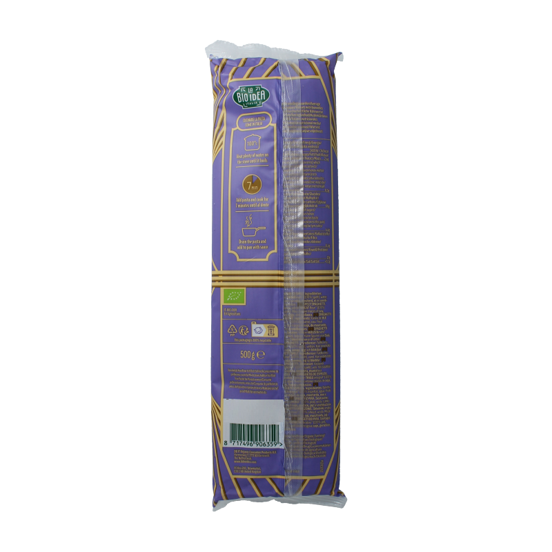 Bioidea organic spelt spaghetti pasta in 500g package, showcasing long, golden pasta strands on a white background.
