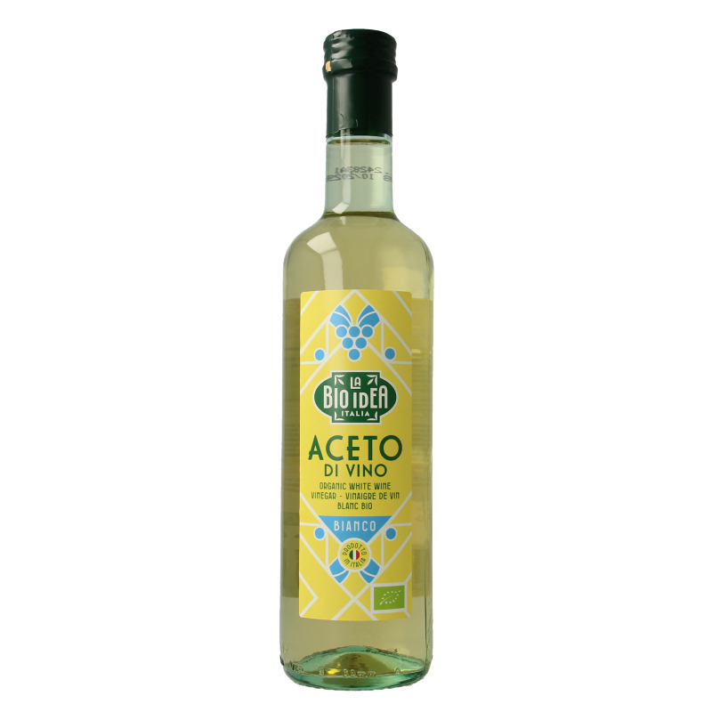 Bioidea organic white wine vinegar in a 500ml bottle, natural and clear, used for cooking and dressings.