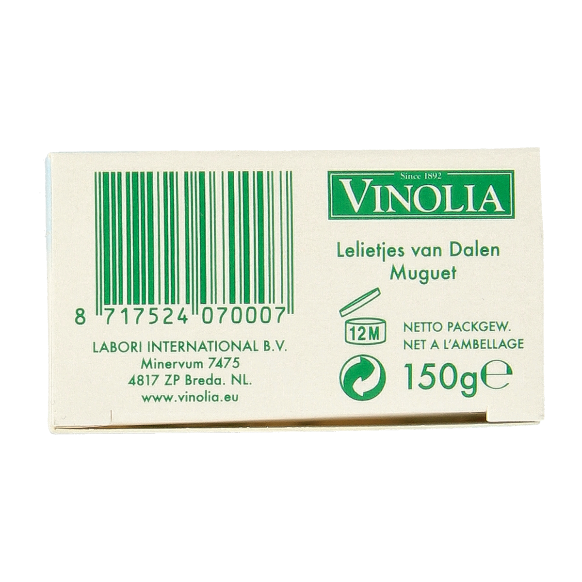 Vinolia Zeep lelietjes van dalen soap bar with floral scent, 150 grams, featuring a decorative wrapper and brand logo.