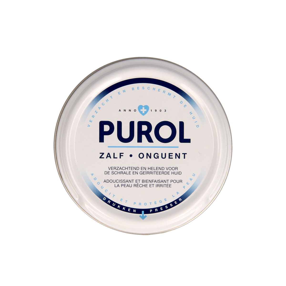 Purol Gele zalf blikje, 50ml, body care product with a silver metal container and label, for skin soothing and moisturization.
