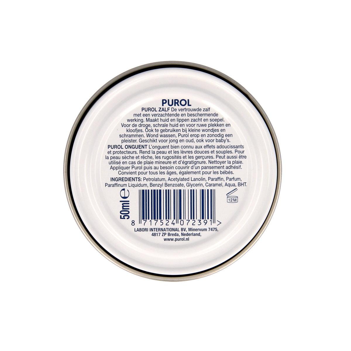 Purol Gele zalf blikje, 50ml, body care product with a metal tin container, suitable for skin moisturizing and soothing.