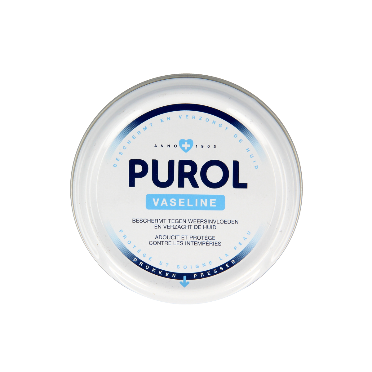 Purol Vaseline body care jar, 50ml, in a metal tin for moisturizing and skin protection.