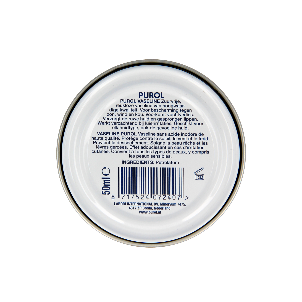Purol Vaseline body care jar, 50ml container with clear lid, moisturizing skincare product in a small round tin.