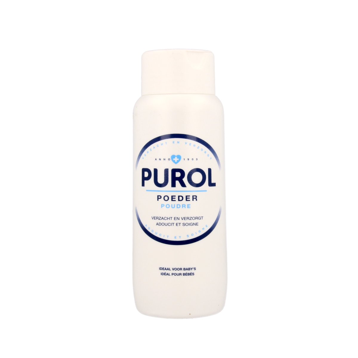 Purol Poeder strooibus 100g, lichaamsverzorging product, fine powder in a clear container with a white lid.