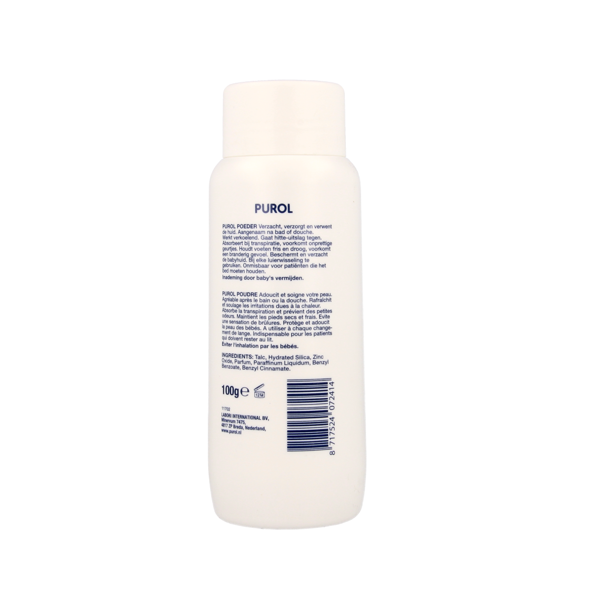 Purol Poeder strooibus 100g, lichaamsverzorging product in a transparent container with a white powder substance.