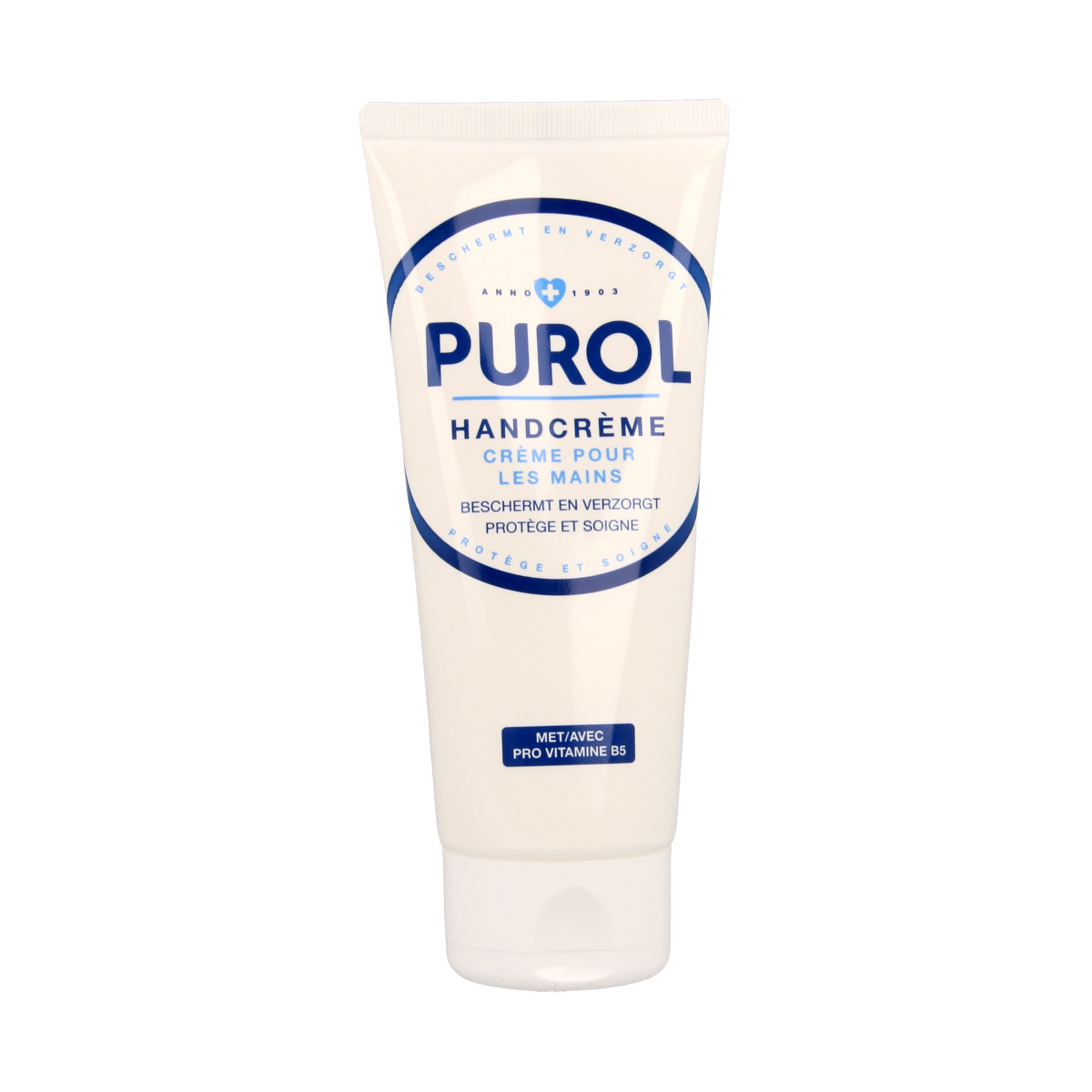 Purol Handcreme tube, 100ml, moisturizing hand care product with soft, smooth texture, in a white tube with blue accents.
