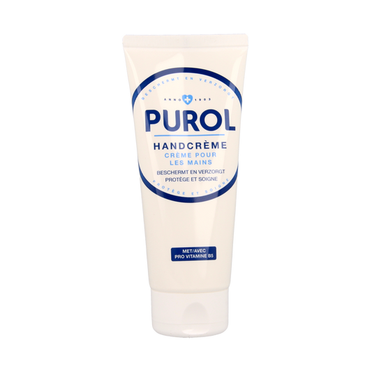 Purol Handcreme tube, 100ml, moisturizing hand care product with soft, smooth texture, in a white tube with blue accents.