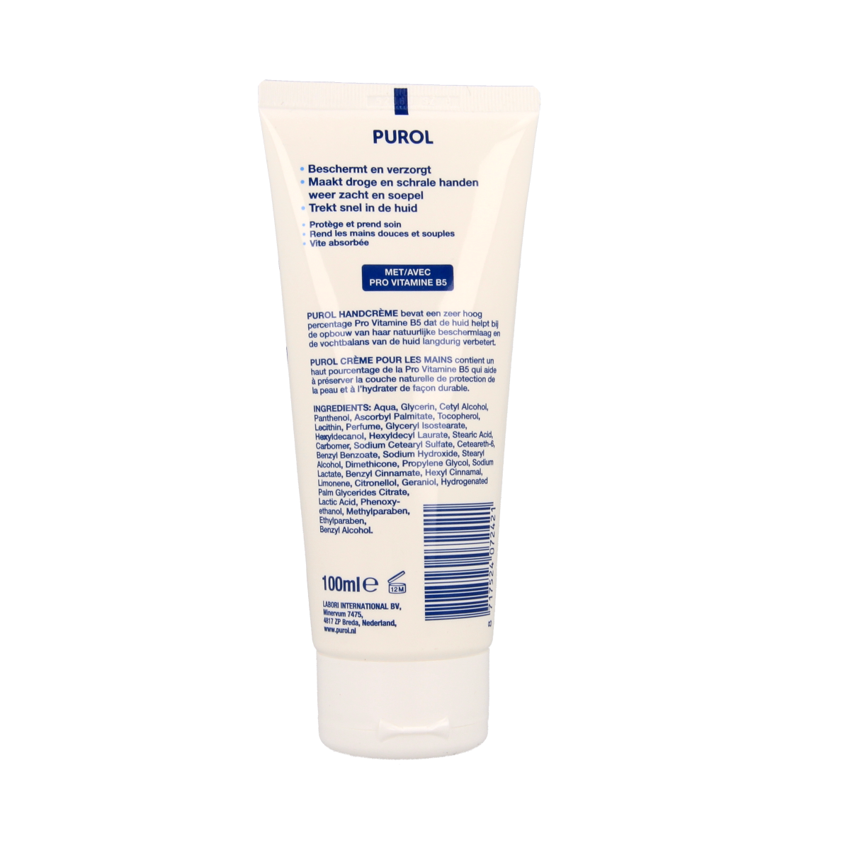 Purol Handcreme tube 100ml, a hand skincare product with a white squeeze tube, designed for nourishing and moisturizing hands.