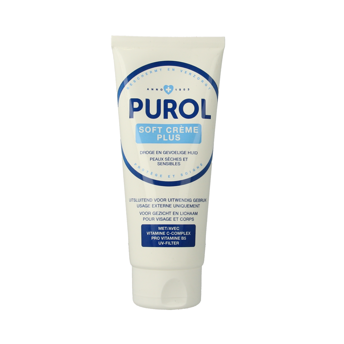 Purol Soft Creme Plus tube, 100ml, a body care product from Purol with a white tube and blue cap.