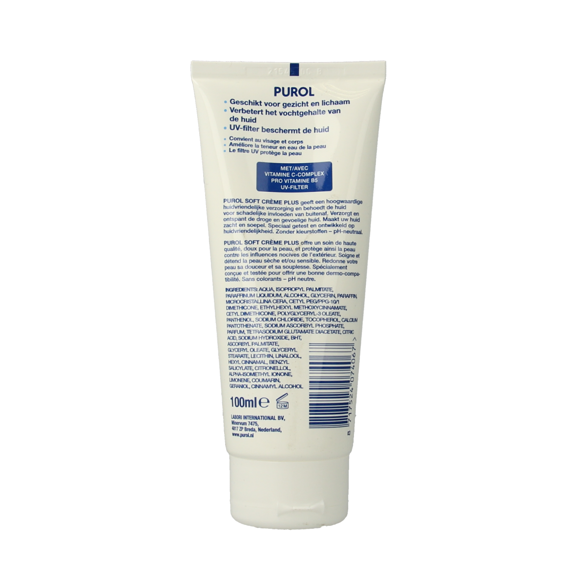 Purol Soft Creme Plus tube, 100ml, a body care product in a white tube with blue and green accents, designed for skin hydration.