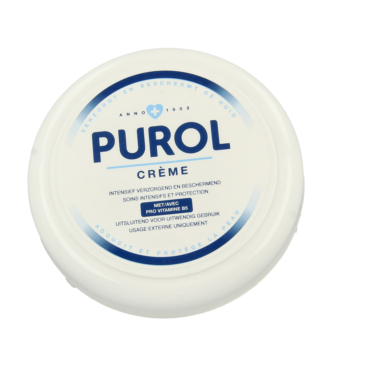 Purol Creme pot 150ml for body care, showing a cream container with the Purol branding and a white lid.