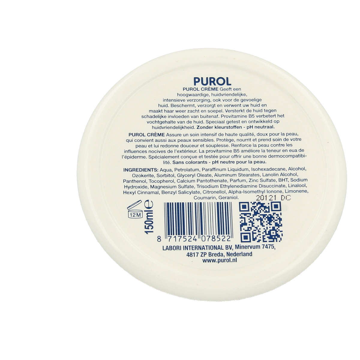 Purol Creme pot 150ml for body care, featuring a round, white container with a screw-on lid, displayed against a plain background.