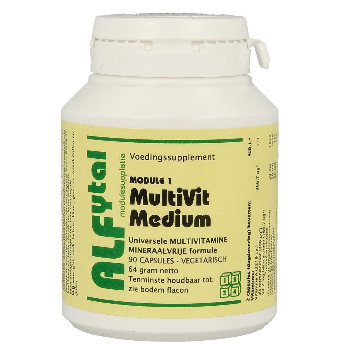 Alfytal MultiVit medium vegetarian capsules containing mineral-free multivitamins, displayed in a clear blister pack.