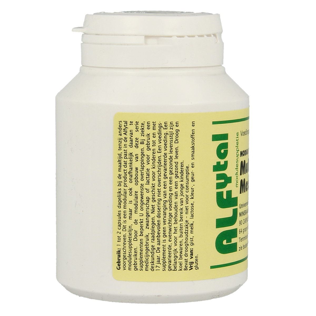 Alfytal MultiVit medium vegetarian capsules, mineral-free vitamin multi supplement in a clear bottle with white capsules inside.