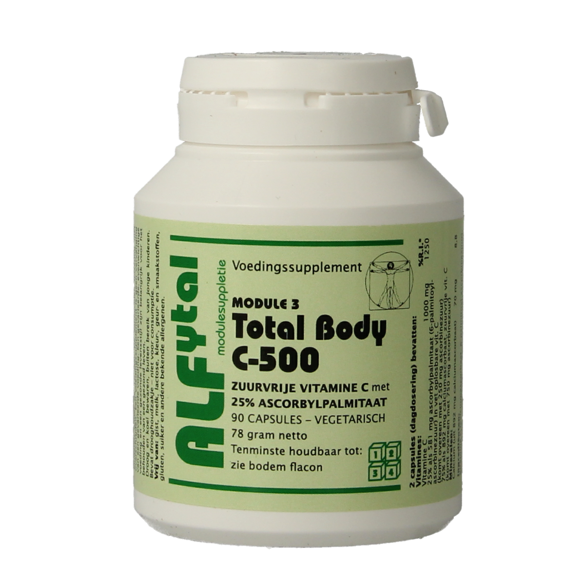 Alfytal Total Body C-500 vegetarian capsules, vitamin multi supplement with 25% fat-soluble nutrients, in a blister pack.