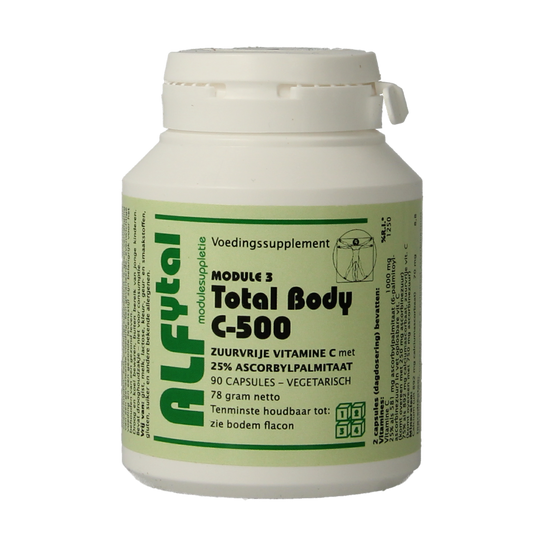 Alfytal Total Body C-500 vegetarian capsules, vitamin multi supplement with 25% fat-soluble nutrients, in a blister pack.