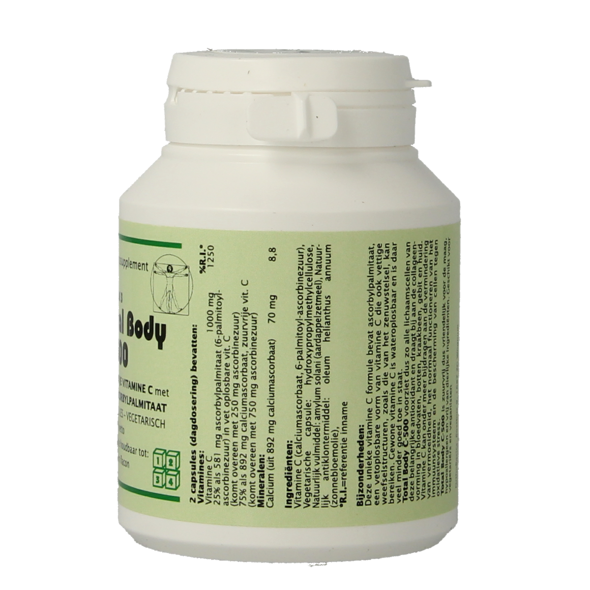 Alfytal Total Body C-500 vegetarian capsules, vitamin multi supplement, zuurvrij and 25% fat-soluble, in a white bottle.