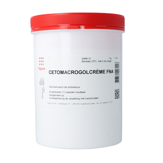 Fagron Cetomacrogol creme FNA body care product in a 1kg container, with a white and blue label and a smooth cream texture