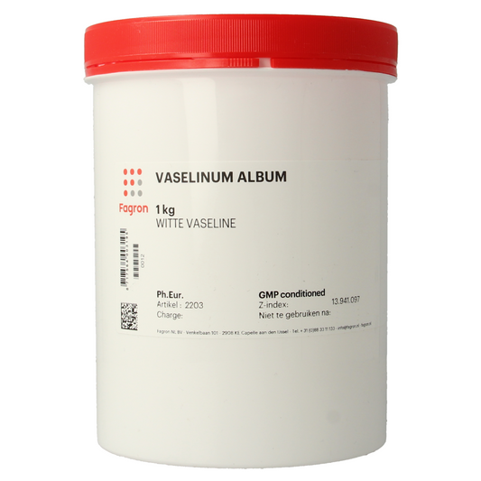 Fagron Vaseline witte zuurvrij 1kg, zuivere witte vaseline voor lichaamsverzorging, in een open pot met witte inhoud.