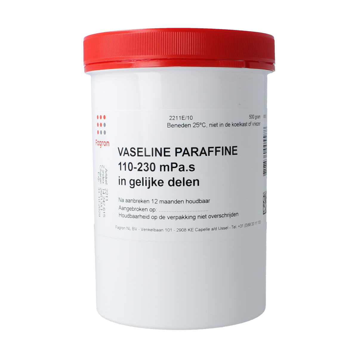 Fagron Vaseline paraffine zalf 500g jar, moisturizing body care product with petroleum jelly for skin protection