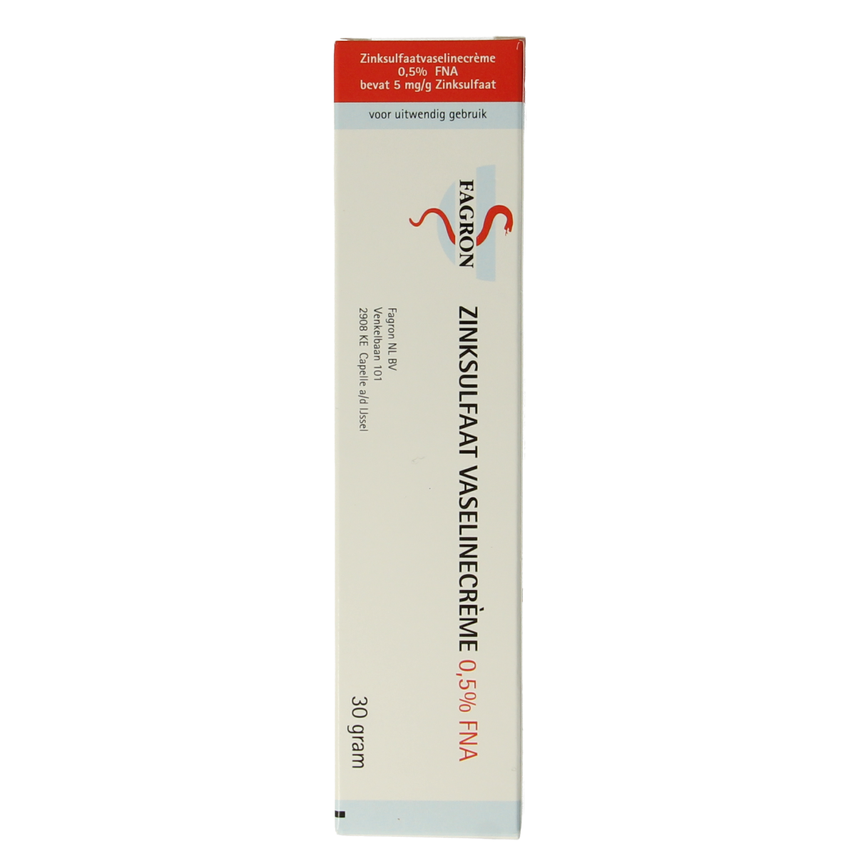 Fagron Zinksulfaat vaselinecreme 0.5% in 30g tube, body care product with zinc sulfate and vaseline for skin protection.