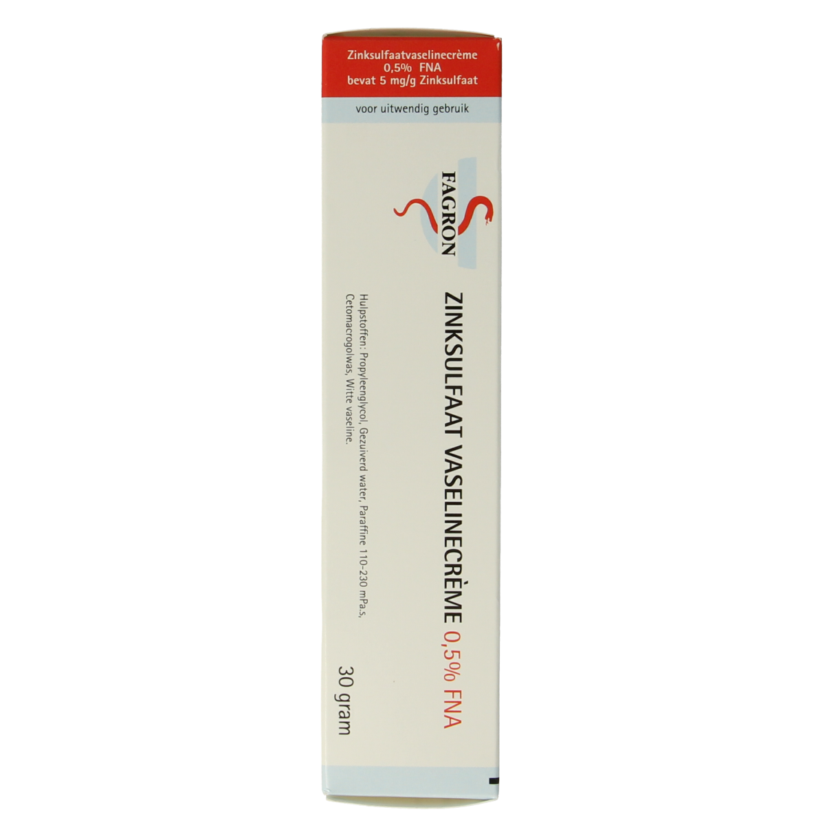 Fagron Zinksulfaat vaselinecreme 0.5% body care cream in a 30g tube, featuring zinc sulfate for skin protection and care.