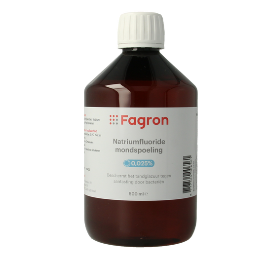Fagron Natriumfluoride mouth rinse, 0.025% fluoride, 500 ml bottle, mouthwash for dental health.