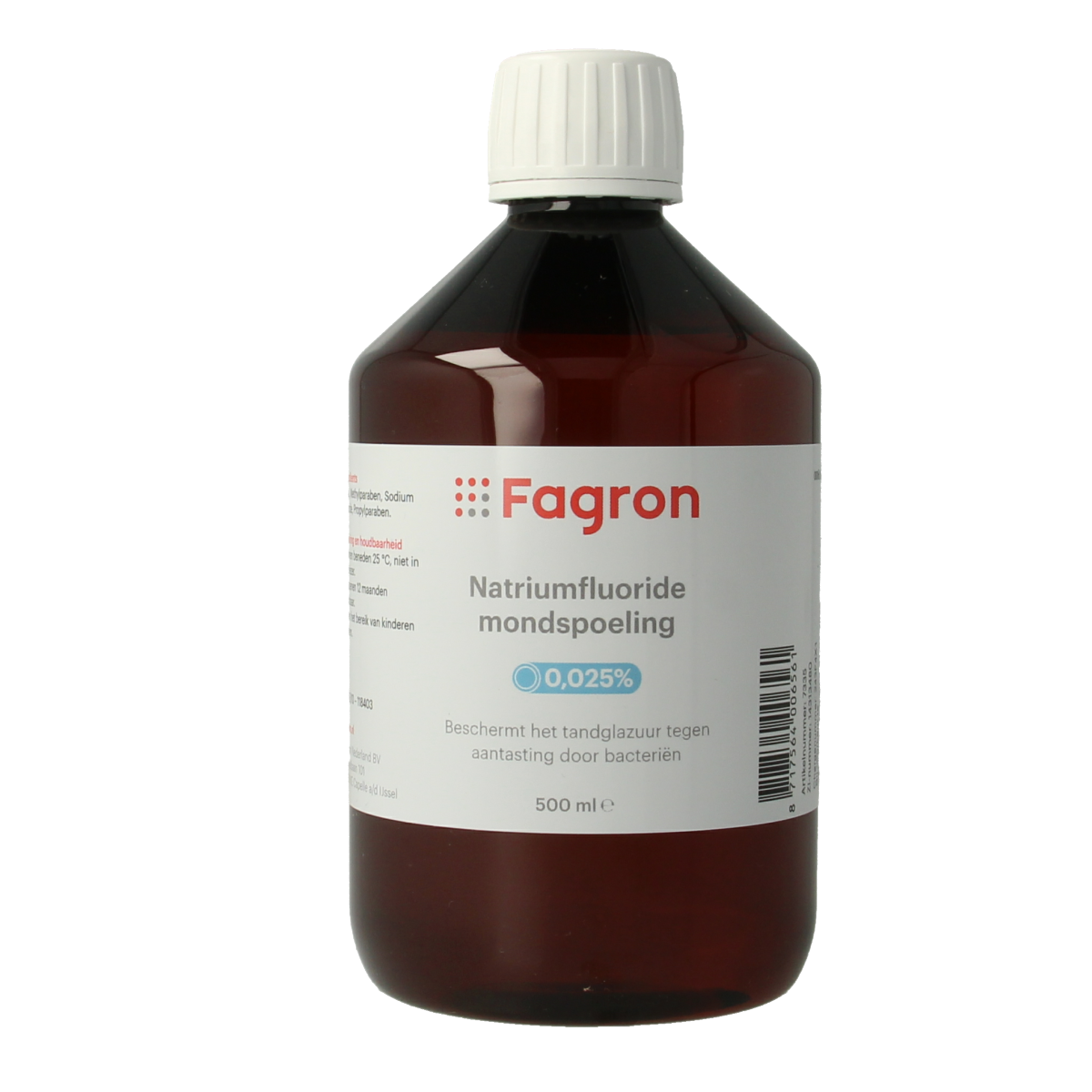 Fagron Natriumfluoride mouth rinse 0.025%, 500ml bottle, fluoride mouthwash for dental health, with label and packaging details