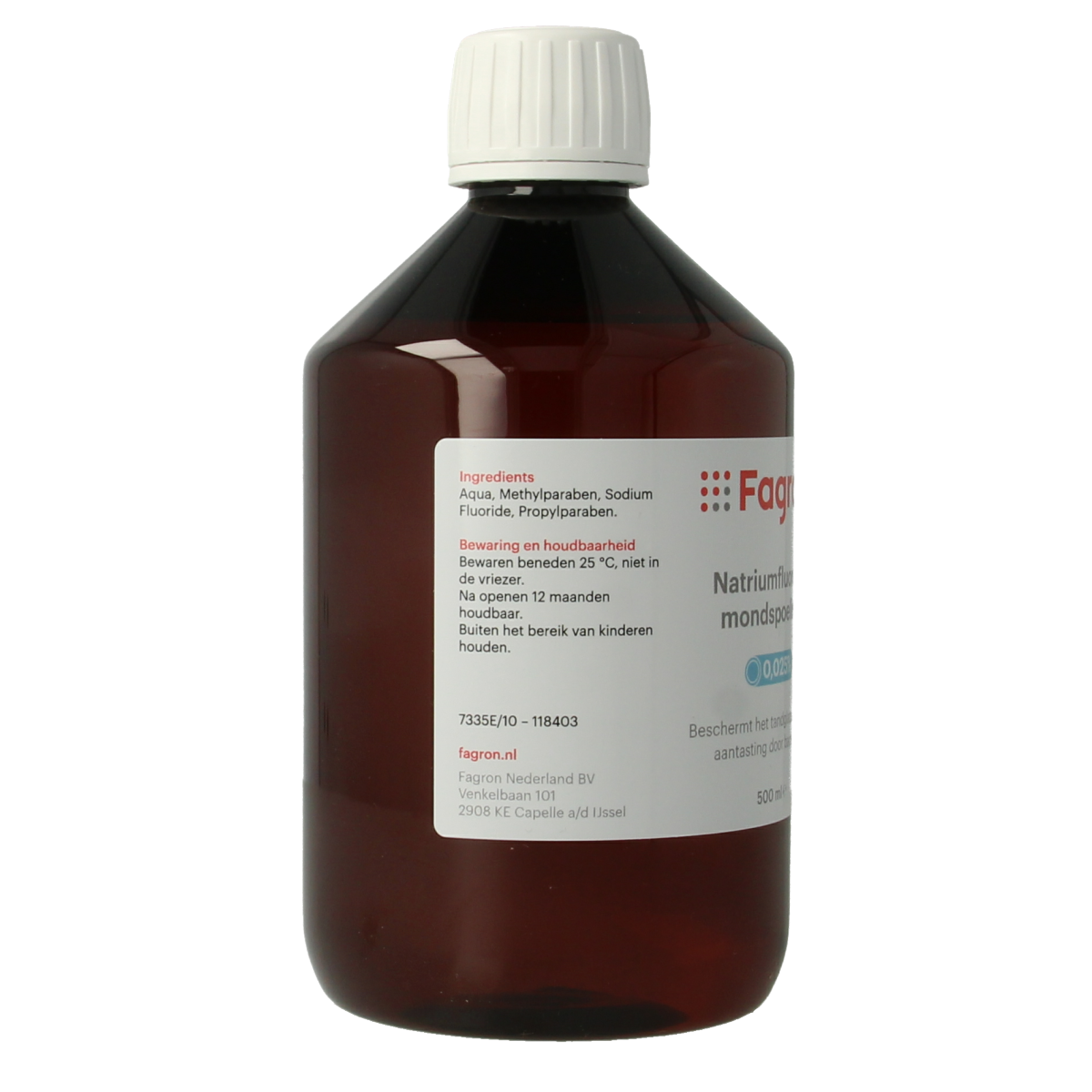 Fagron Natriumfluoride mouth rinse bottle, 0.025% fluoride, 500ml, for oral health and cavity prevention.