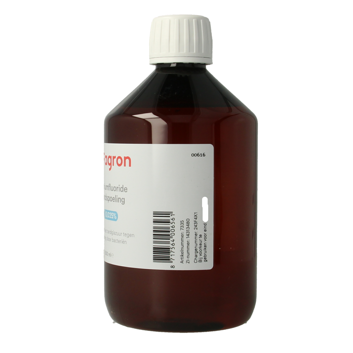 Fagron Natriumfluoride mouth rinse 0.025% in 500ml bottle, oral care product for dental fluoride treatment.