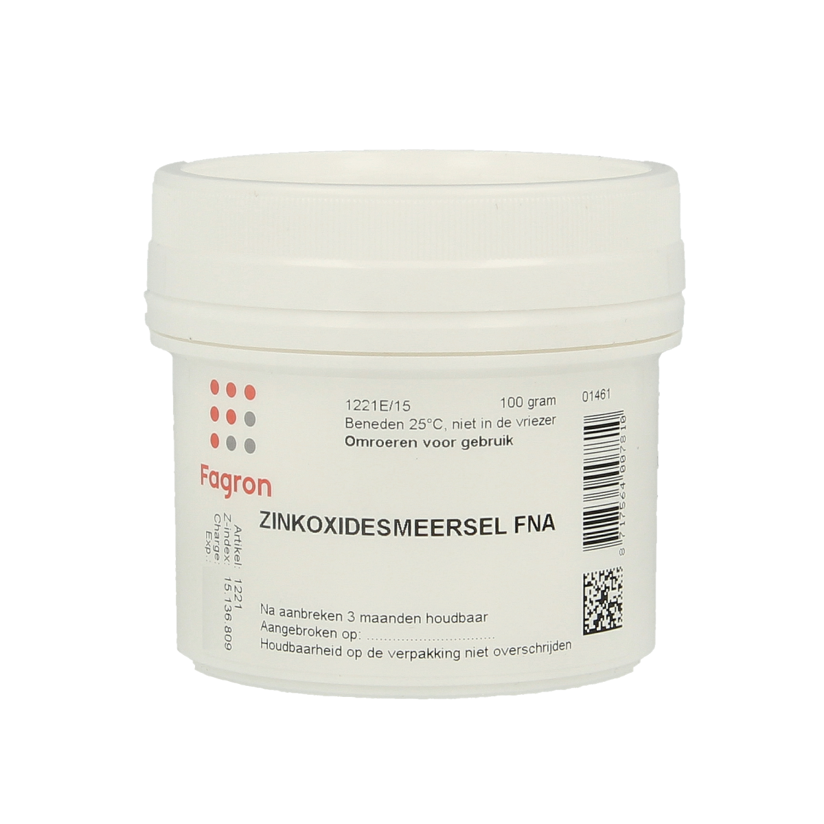 Fagron Zinkoxidesmeersel FNA body care product in 100g container, featuring zinc oxide for skincare.