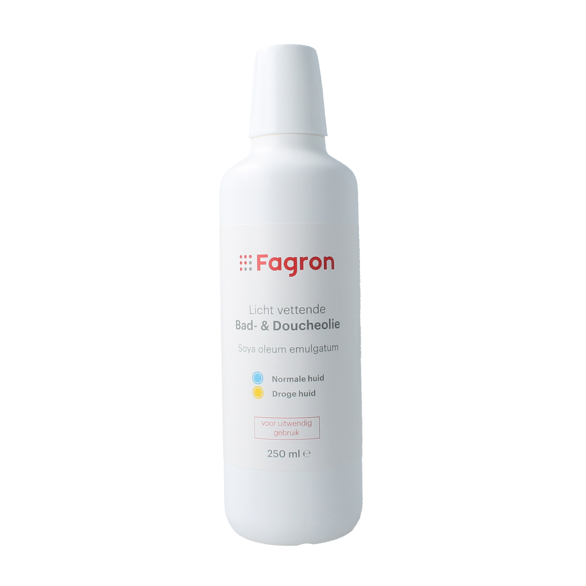 Fagron Soya Oleum Emulgatum 250ml skincare product, showing the bottle with label and clear liquid inside.