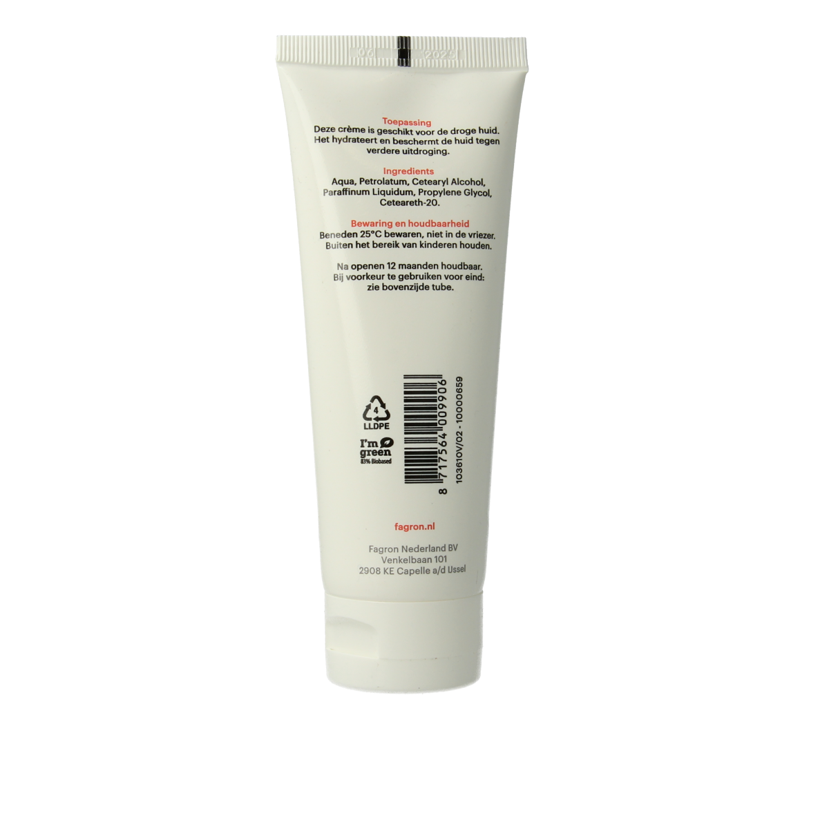 Fagron Vaselinecetomacrogol creme in 100g jar, a body care product with a smooth, creamy texture for skin moisturizing.