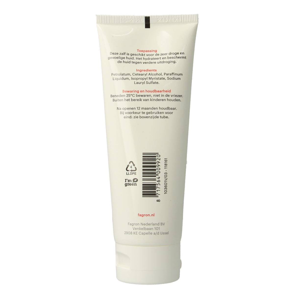 Fagron Lanettezalf FNA body care cream jar with white lid, 100 grams, for skin nourishment and hydration.