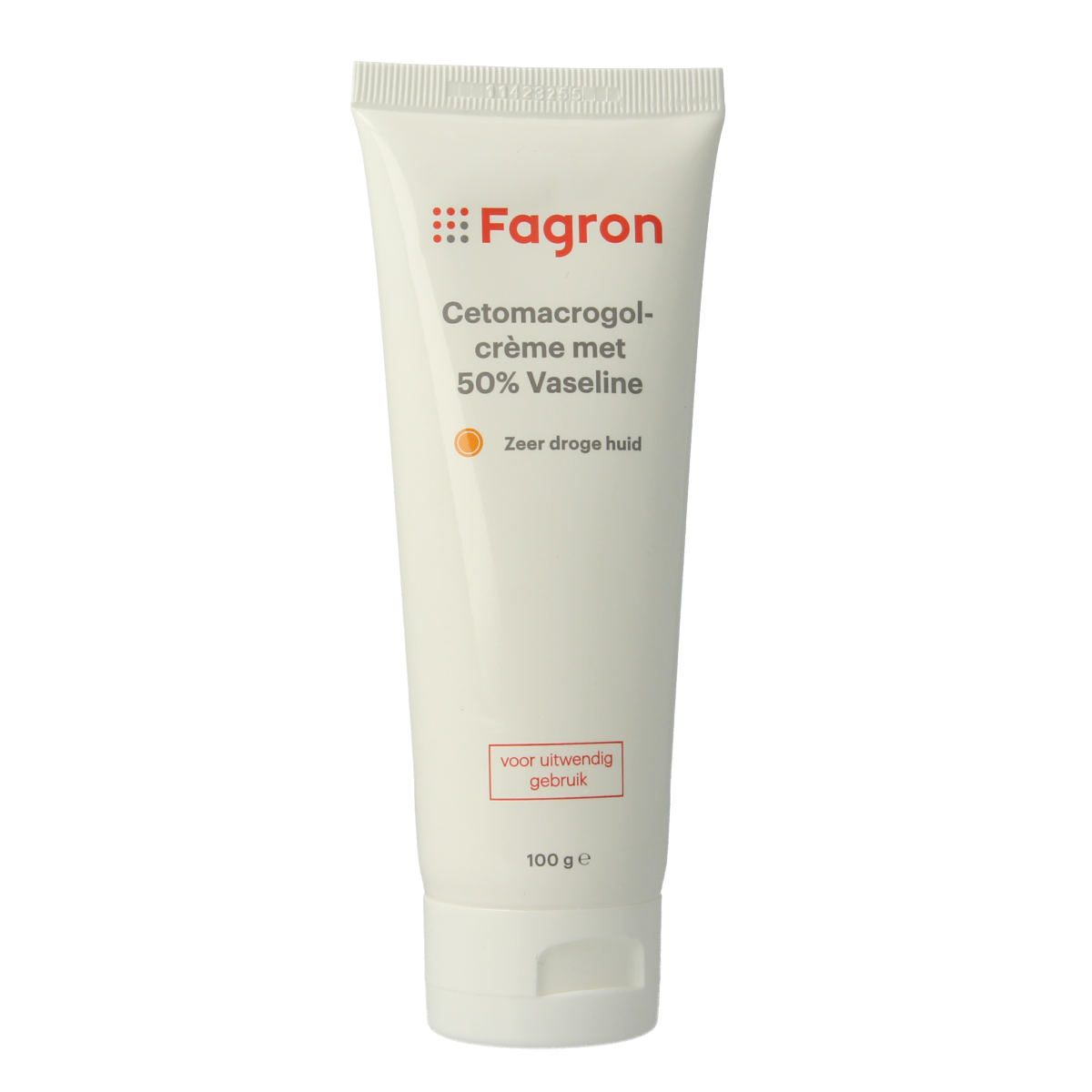 Fagron Cetomacrogol crème with 50% vaseline, 100g, body care product with creamy, smooth texture in a tube.
