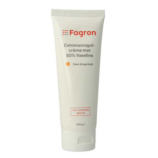 Fagron Cetomacrogol crème with 50% vaseline, 100g, body care product with creamy, smooth texture in a tube.