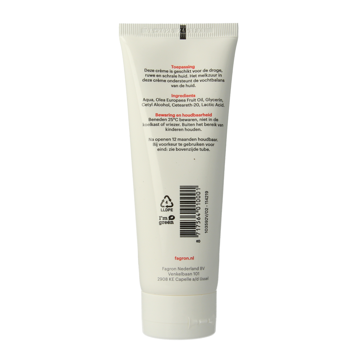Fagron Huizingacreme 100g body care product in a white jar with a screw-on lid, labeled with brand and product details.