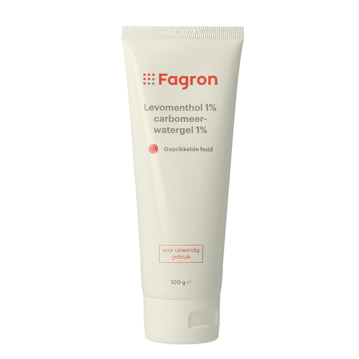 Fagron Levomenthol 1% carbomeer water gel for body care, 100g tube with menthol and soothing ingredients.