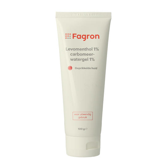 Fagron Levomenthol 1% carbomeer water gel for body care, 100g tube with menthol and soothing ingredients.