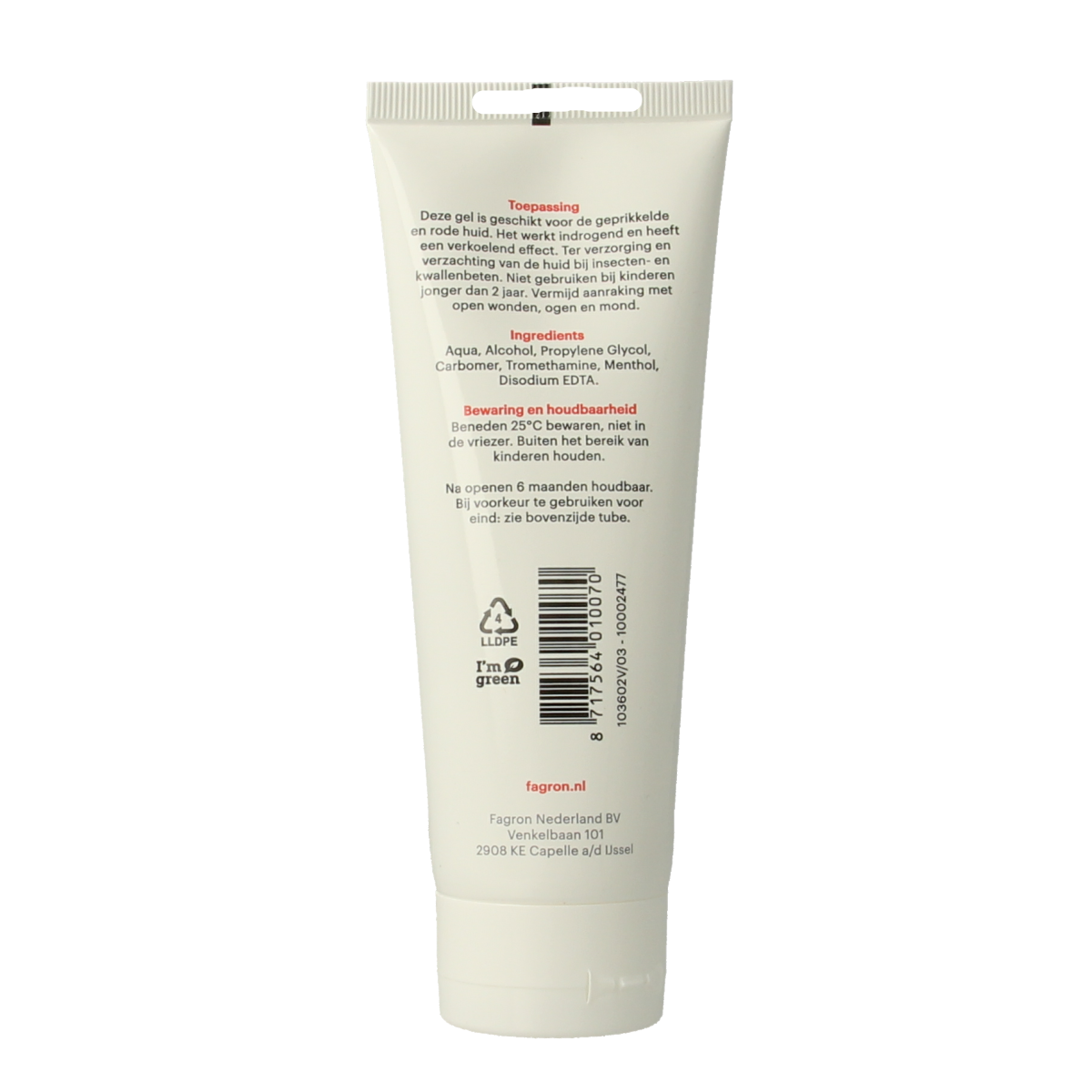 Fagron Levomenthol 1% carbomeer water gel in 100g container, body care product with menthol and carbomer for soothing skin.