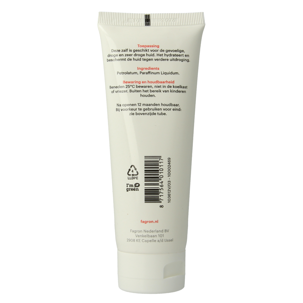 Fagron Vaseline in a white tube, 100g, for body care, with a close-up of the tube showing the Fagron branding and product details.