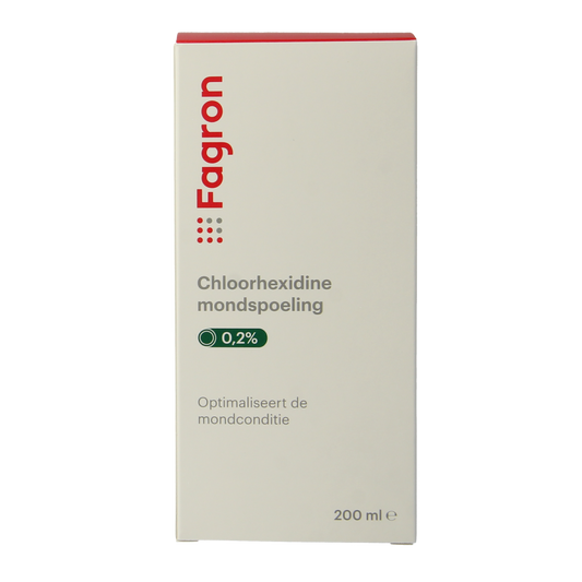 Fagron Chloorhexidine mondspoeling 0.2% in 200ml bottle, antiseptic mouth rinse for oral hygiene, product image.