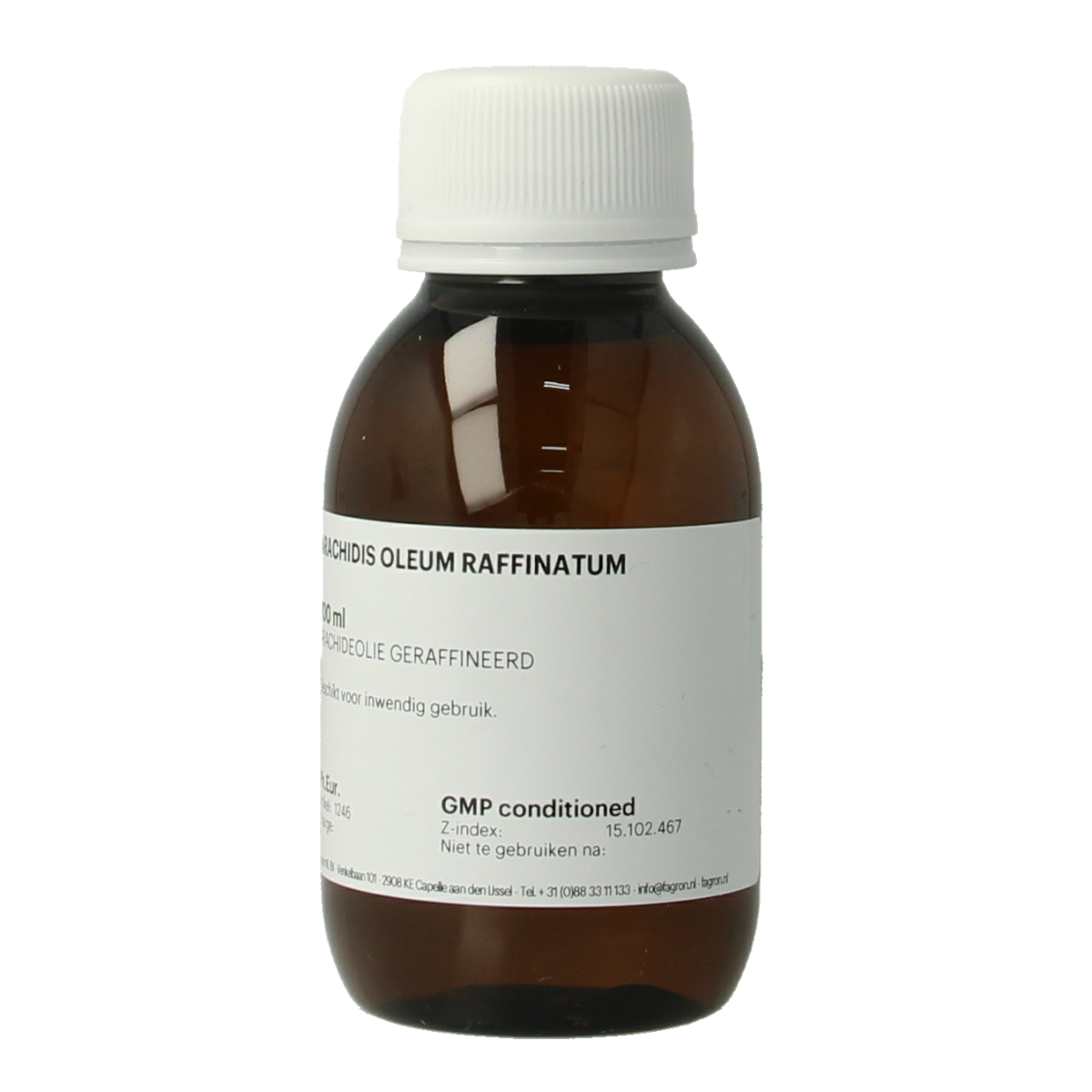 Fagron Arachidis oleum raffinatum 100ml for bath and shower, showing a clear bottle with label and cap, used for skincare and cleansing.