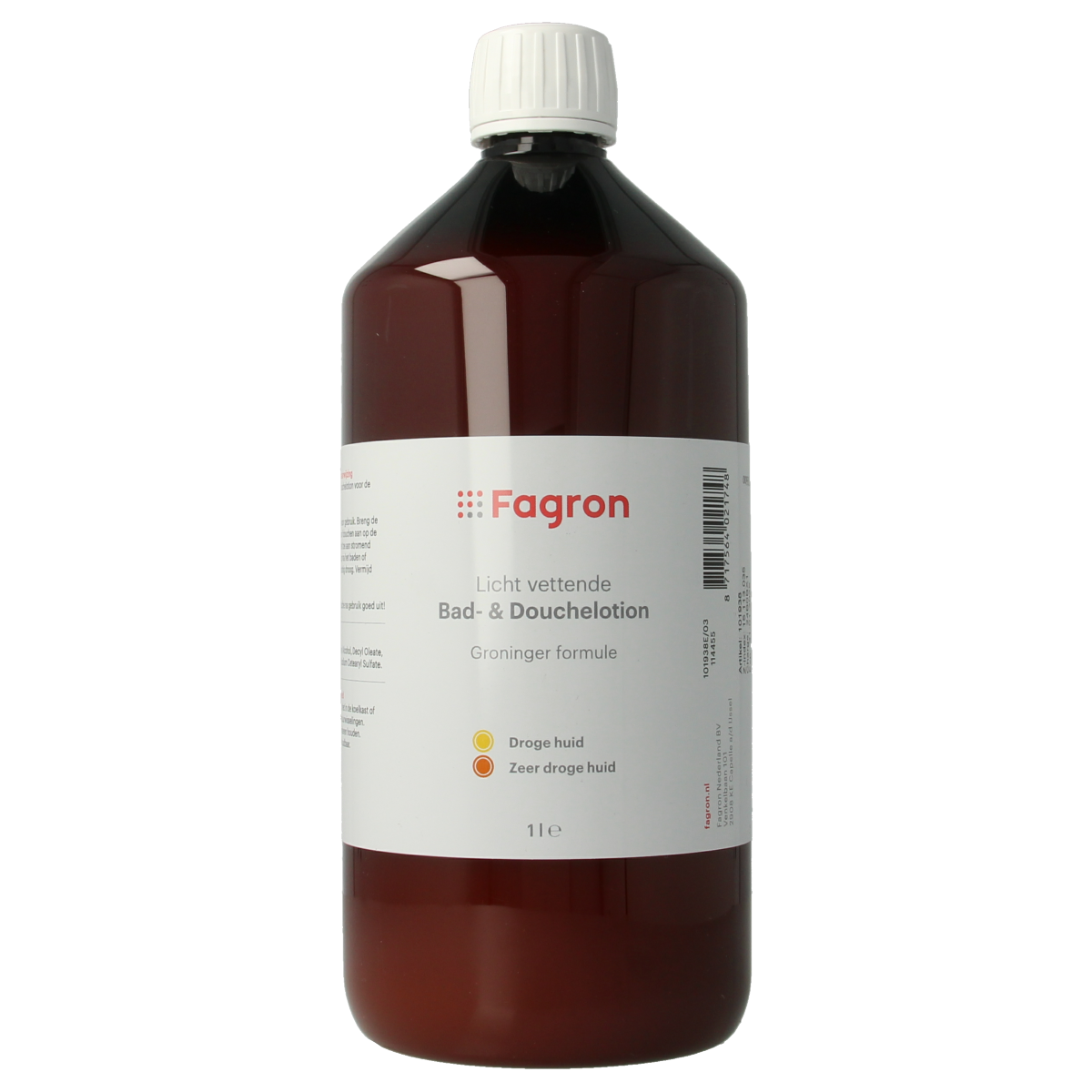 Fagron Groninger bad en douche lotion 1 liter bottle, moisturizing skincare product for bathing and showering.