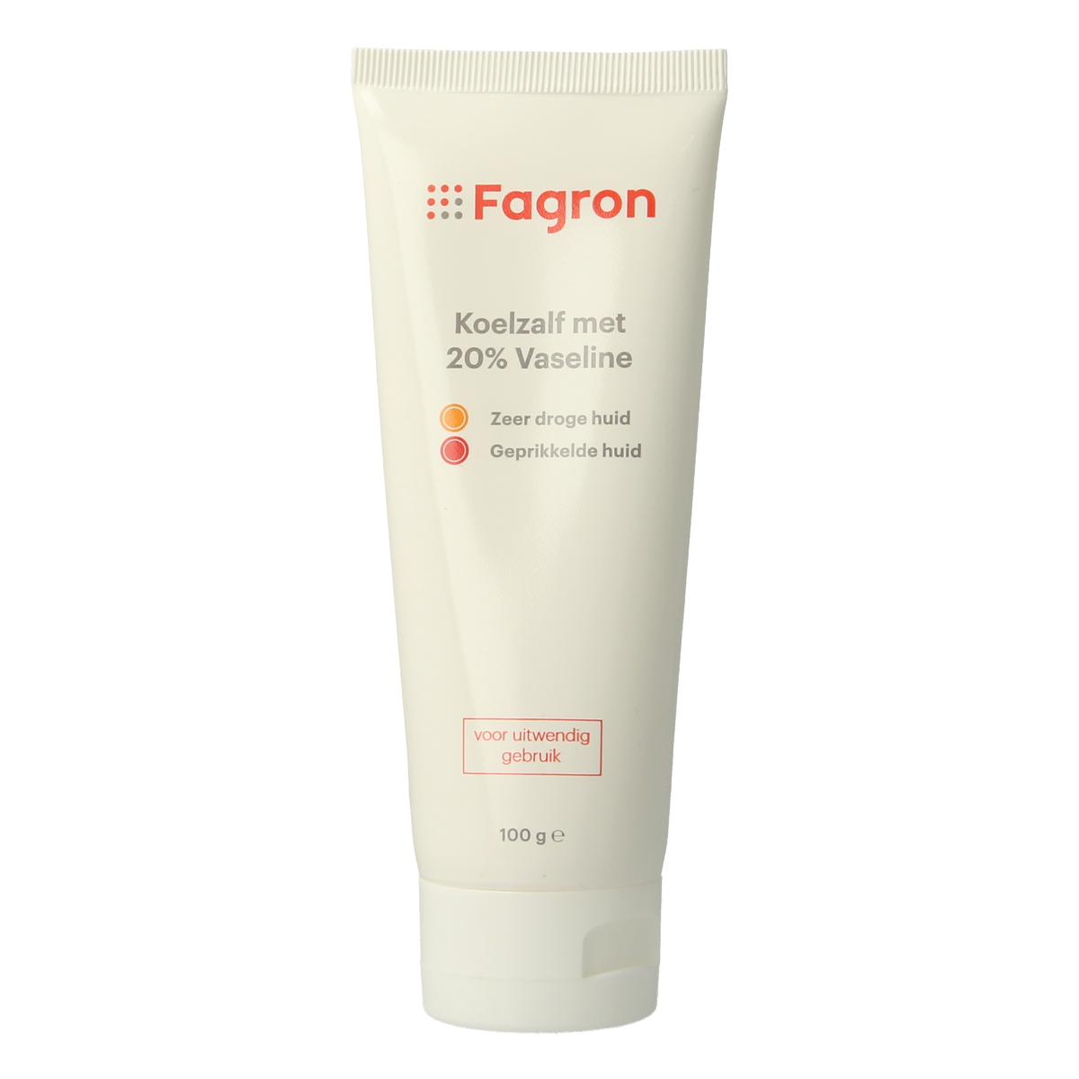Fagron Koelzalf with 20% vaseline, 100g, soothing body care cream in a white jar with label and blue cap.