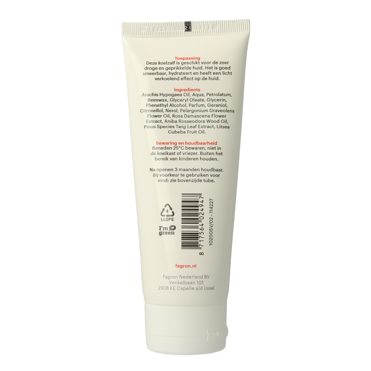 Fagron Koelzalf with 20% vaseline, 100g, soothing body care cream in a white tube with blue cap.
