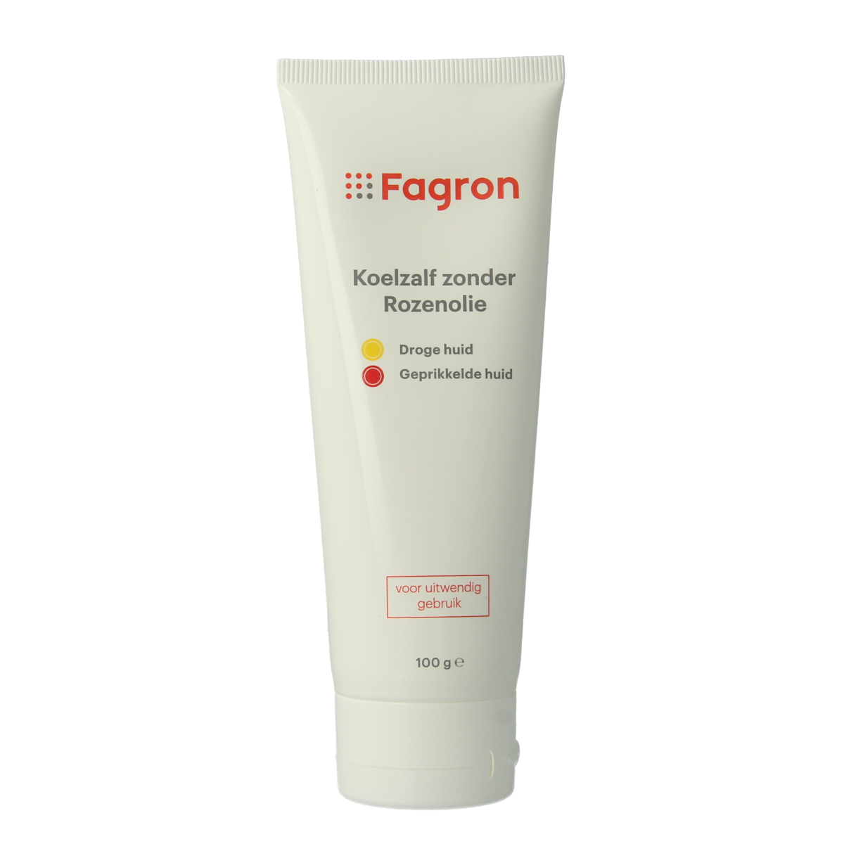 Fagron Koelzalf lichaamsverzorging zonder rozenolie, 100 gram, open tube showing the cream inside, no packaging or leaflet visible.