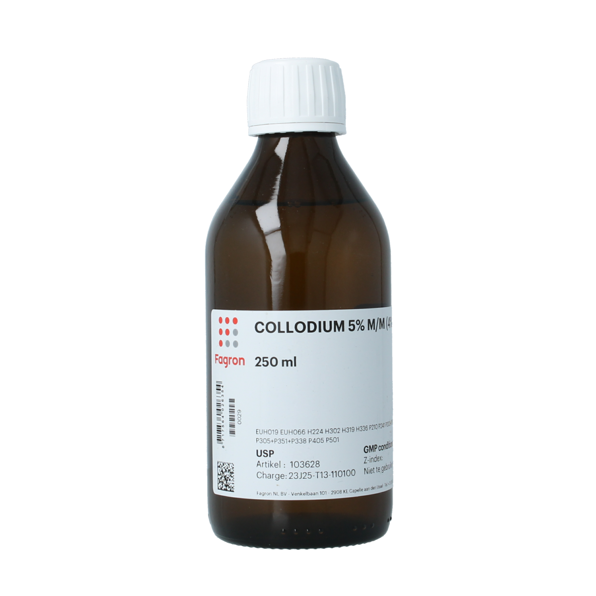 Fagron Collodium USP 250ml bottle for body care, clear liquid in a white plastic container with a screw cap