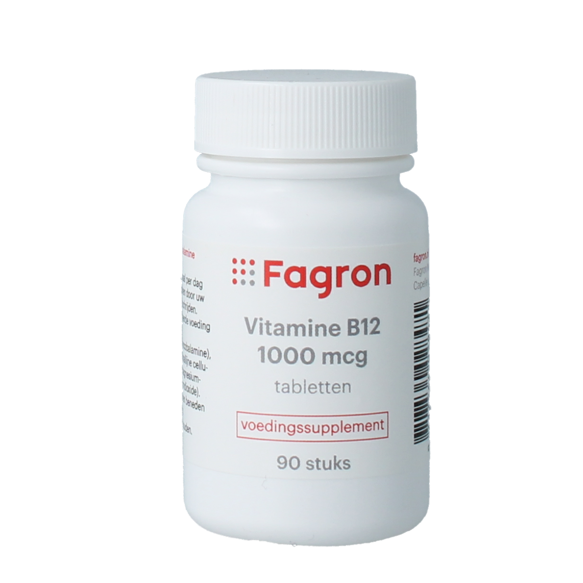 Fagron Vitamine B12 1000mcg supplement in a bottle of 90 tablets, shown in a close-up image.