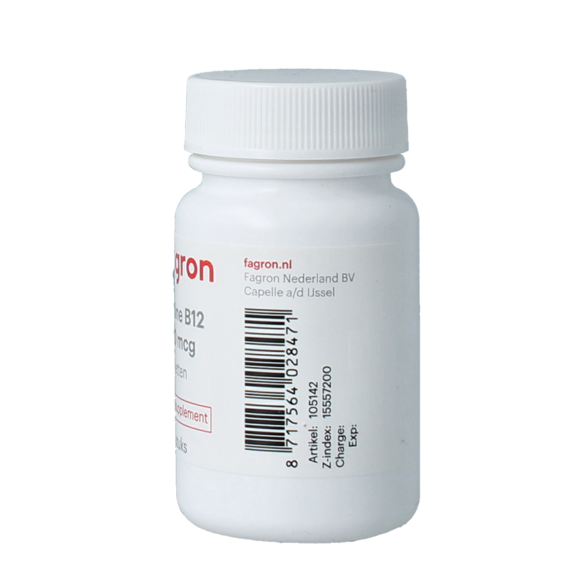 Fagron Vitamin B12 1000mcg tablets, natural supplement in a bottle, shown with 90 tablets for daily vitamin B12 intake.